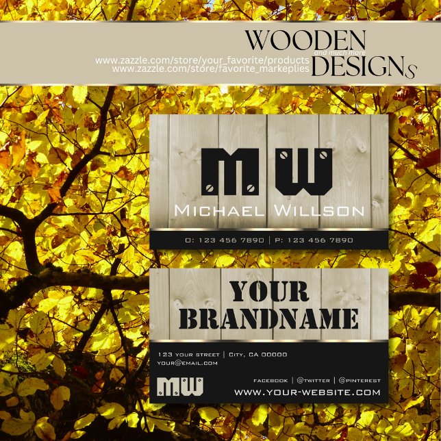 Wooden Boards Light Brown Wood Grain Look Monogram Business Card (Creator Uploaded)