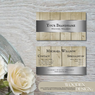 Wooden Boards Light Brown Wood Grain Silver Border Business Card