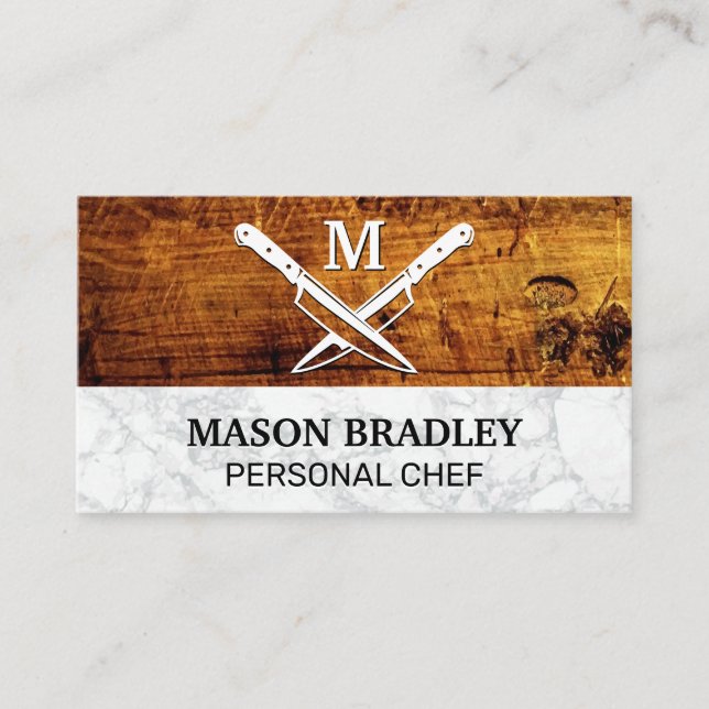 Wooden Boards Marble | Crossed Knives Business Card (Front)