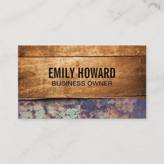 Wooden Boards | Rusted Metal Business Card (Front)