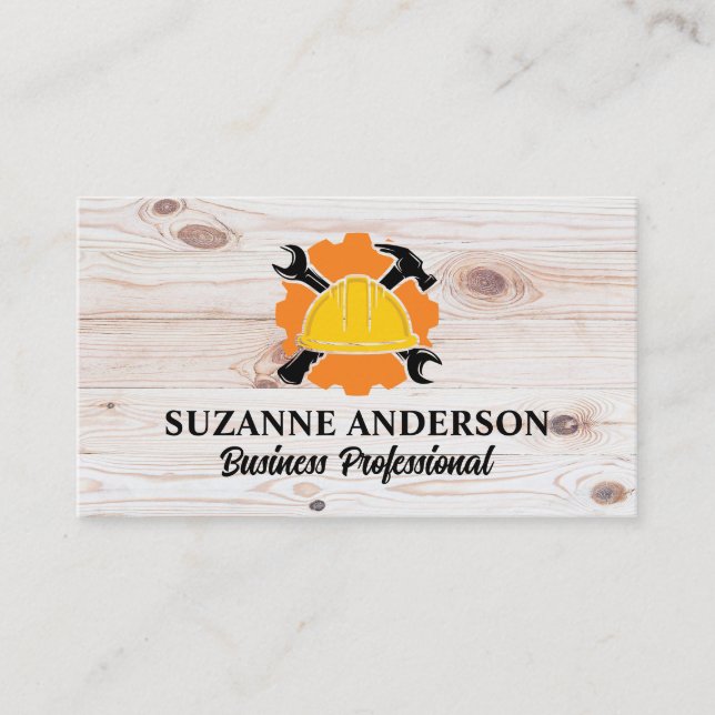 Wooden Boards | Tools Hardhat Construction Business Card (Front)