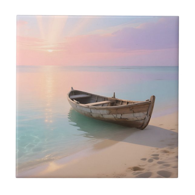 Wooden Boat Tropical Sunset Beach Tile (Front)