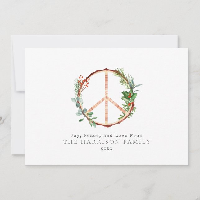 Wooden Botanical Peace Sign Love Joy Christmas Holiday Card (Front)