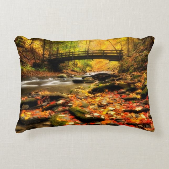 Wooden Bridge and Creek in Fall Decorative Cushion (Front)