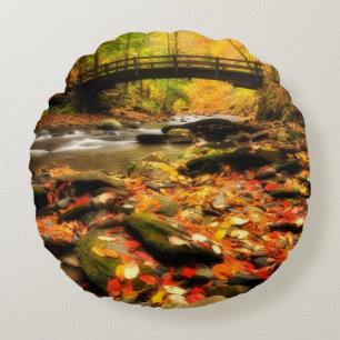 Wooden Bridge and Creek in Fall Round Cushion