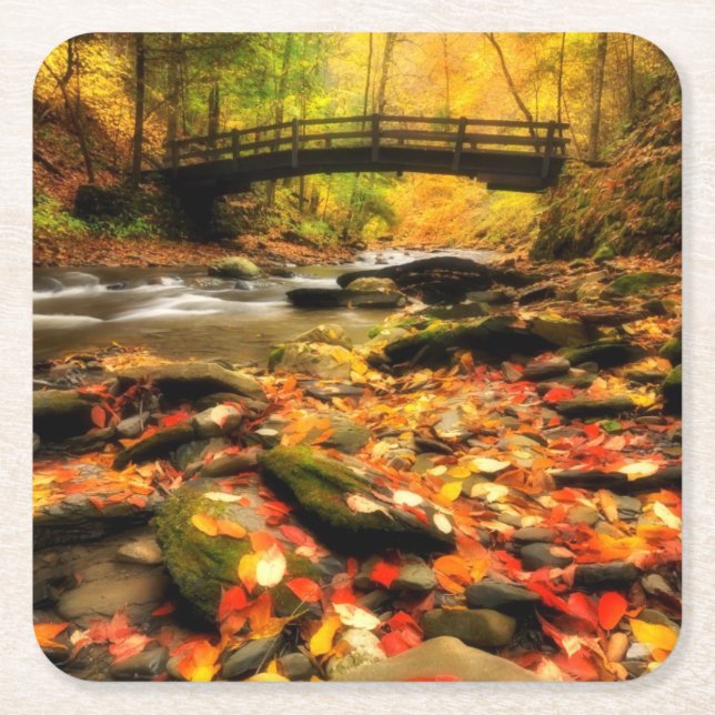 Wooden Bridge and Creek in Fall Square Paper Coaster (Front)