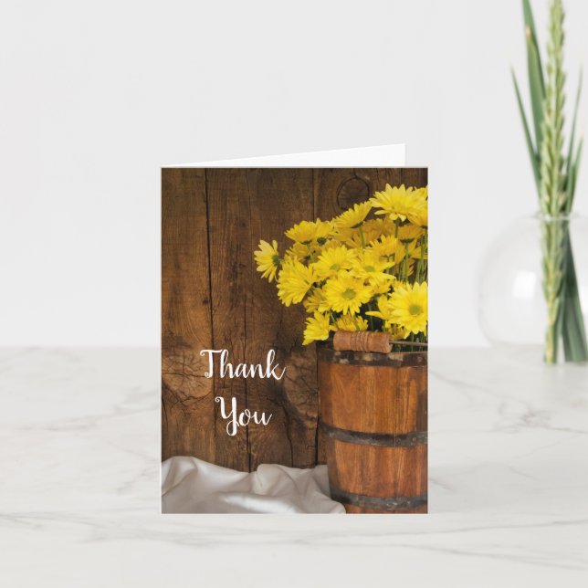 Wooden Bucket and Yellow Daisies Country Thank You Card (Front)