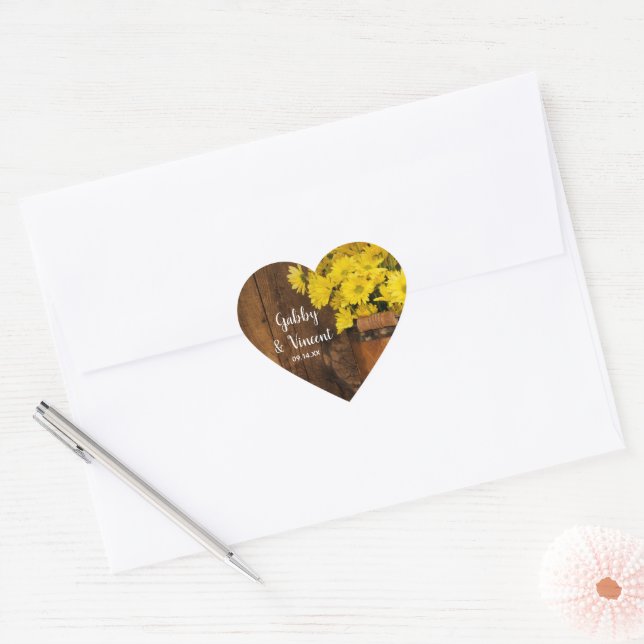 Wooden Bucket and Yellow Daisies Country Wedding Heart Sticker (Envelope)
