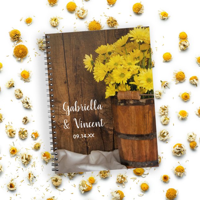 Wooden Bucket and Yellow Daisies Country Wedding Spiral Notebook (Creator Uploaded)
