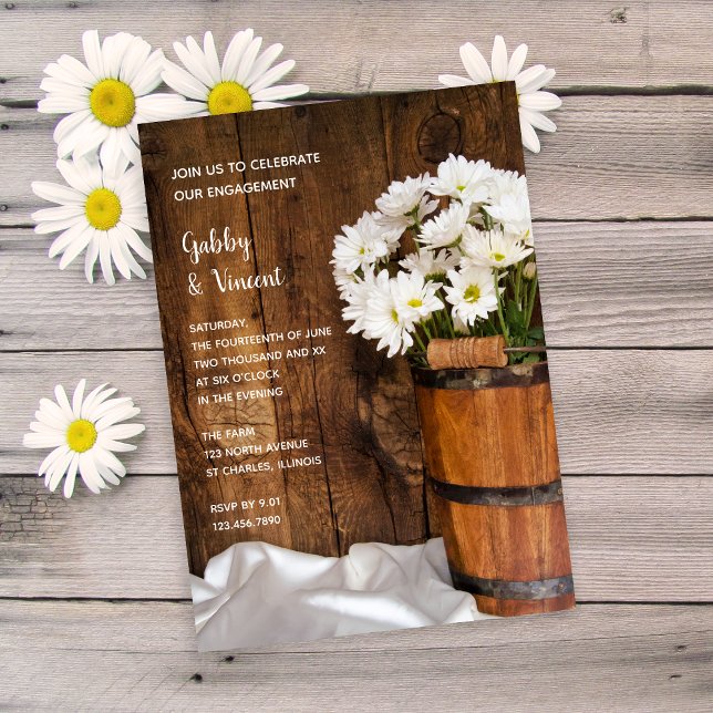 Wooden Bucket White Daisies Barn Engagement Party Invitation (Creator Uploaded)