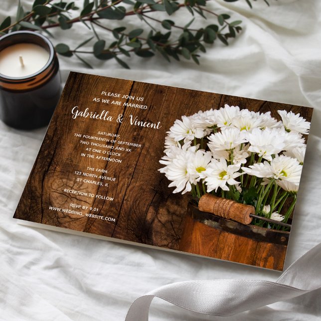 Wooden Bucket White Daisies Country Barn Wedding Invitation (Creator Uploaded)