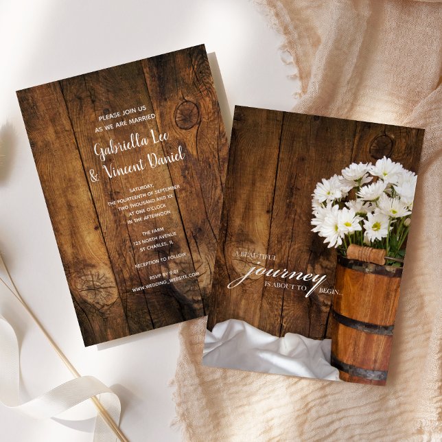 Wooden Bucket White Daisies Country Ranch Wedding Invitation (Creator Uploaded)