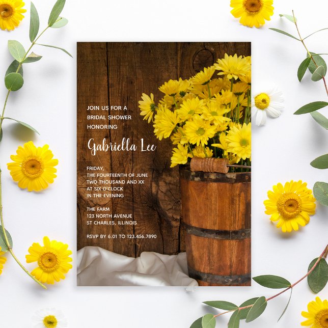 Wooden Bucket Yellow Daisies Barn Bridal Shower Invitation (Creator Uploaded)