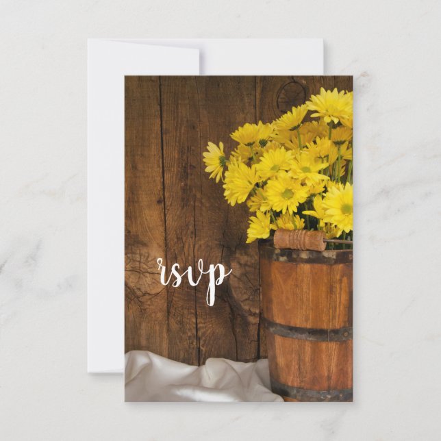 Wooden Bucket Yellow Daisies Country Wedding RSVP Card (Front)