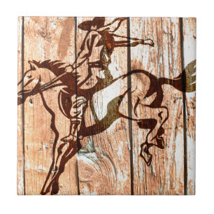 Wooden bucking bronco cowboy tile
