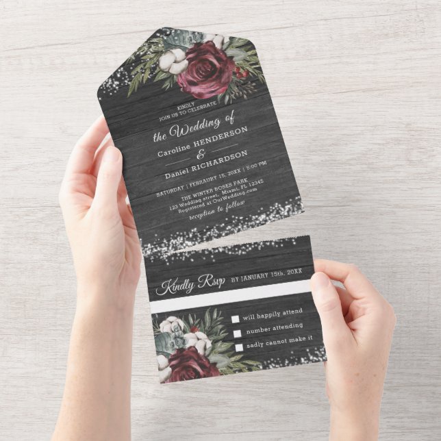 Wooden Burgundy Elegant Wedding  All In One Invitation (Tearaway)