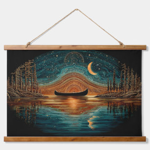 Wooden canoe and crescent moon in the North Woods Hanging Tapestry