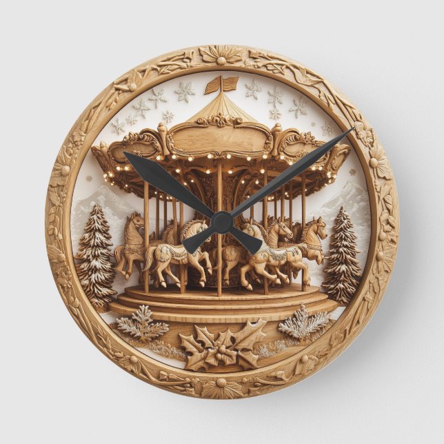Wooden carousel in a snowy scene round clock (Front)