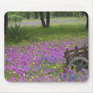Wooden Cart in field of Phlox, Blue Bonnets Mouse Pad