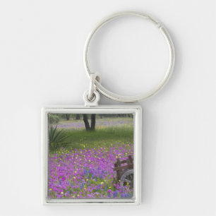 Wooden Cart in field of Phlox, Blue Bonnets with Key Ring