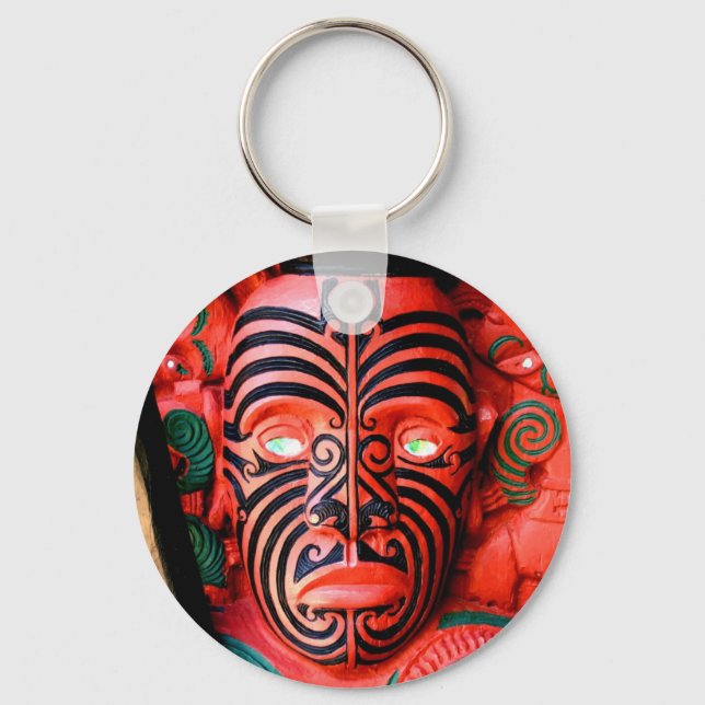 Wooden Carving of a Maori Warrior, New Zealand Key Ring (Front)