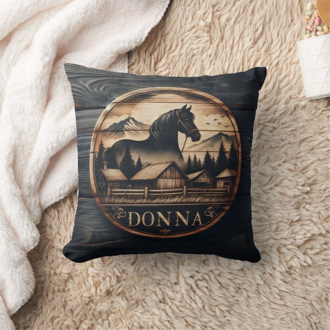 Wooden Carving of Horse and Mountain Landscape Cushion (Blanket)