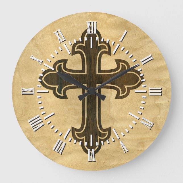 Wooden Christian Cross Fleury Rosewood on Maple Large Clock (Front)