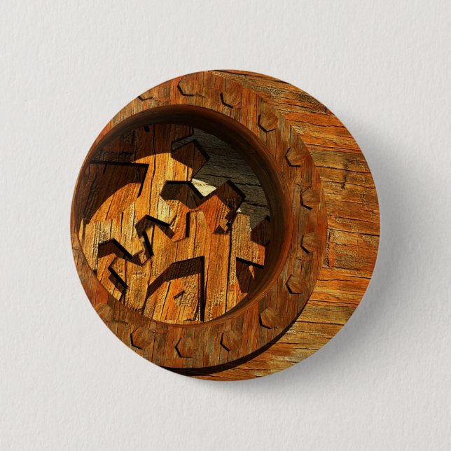 wooden clockwork 6 cm round badge (Front)