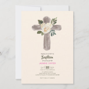 Wooden Cross Floral Girl Baptism Invitation