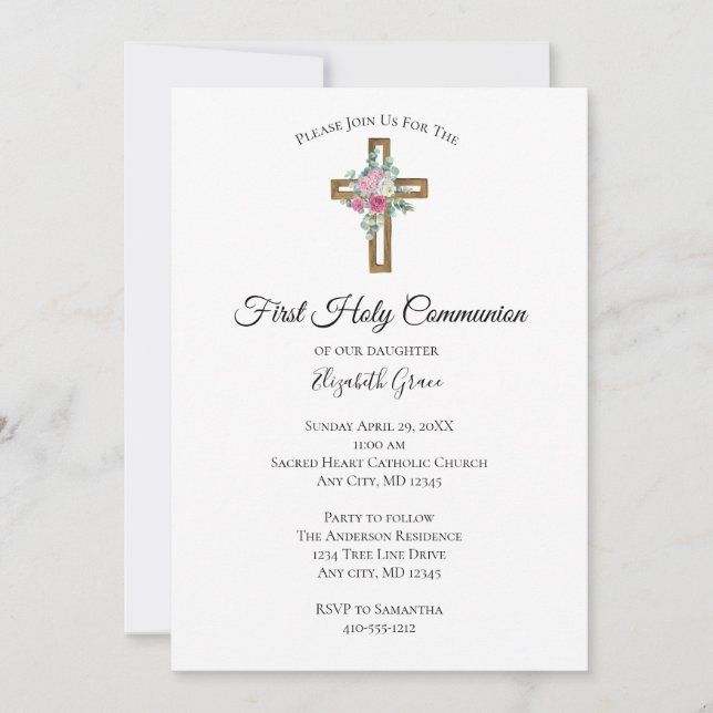 Wooden Cross Flowers First Communion Invitation (Front)