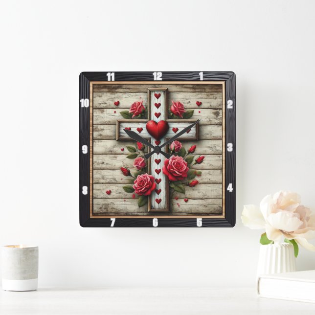 Wooden Cross Hearts Red Roses Square Wall Clock (Home)
