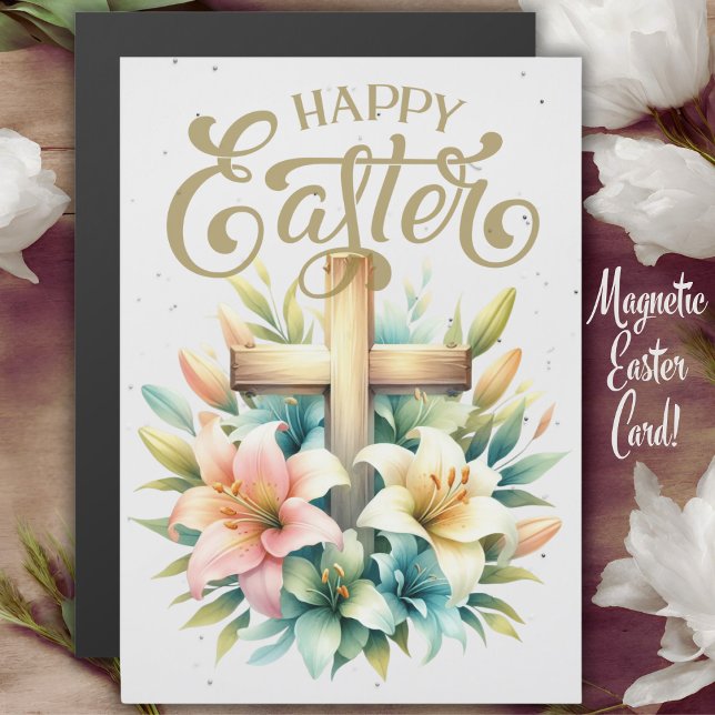 Wooden Cross With Lilies Custom Christian Easter (Wooden Cross With Lilies Custom Christian Magnetic Easter Card.)
