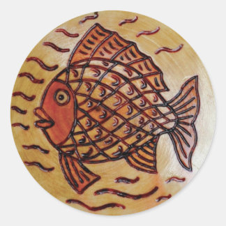 Wooden decor with fish. classic round sticker