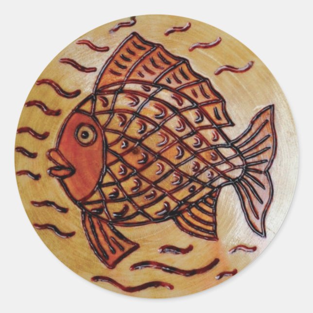 Wooden decor with fish. classic round sticker (Front)