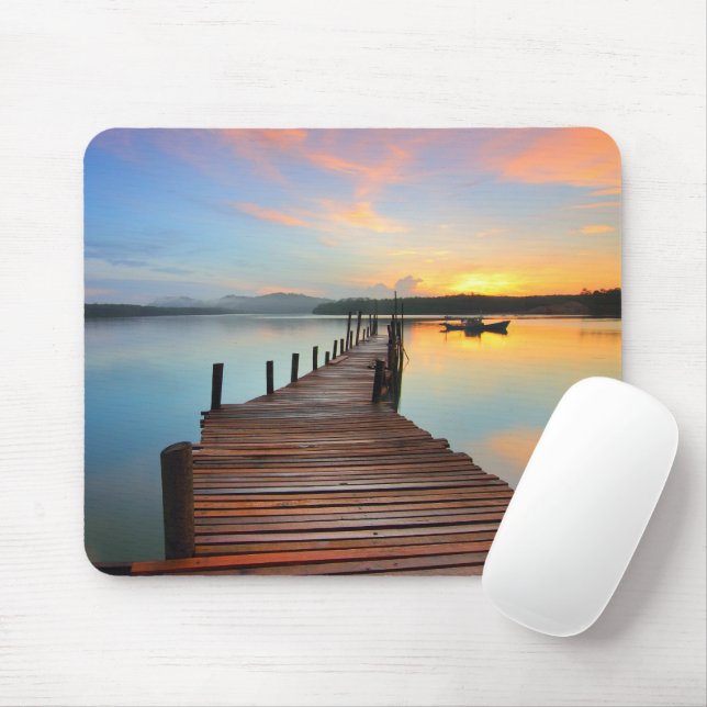 Wooden Dock Seascape in Colourful Sunset Mouse Pad (With Mouse)