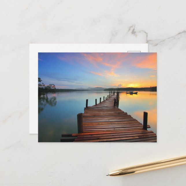 Wooden Dock Seascape in Colourful Sunset Postcard (Front/Back In Situ)