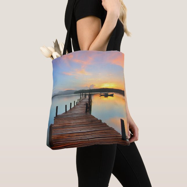 Wooden Dock Seascape in Colourful Sunset Tote Bag (Close Up)