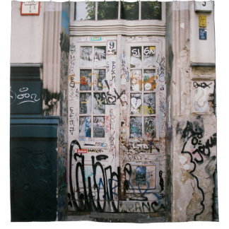 WOODEN DOOR WITH HANDWRITINGS SHOWER CURTAIN