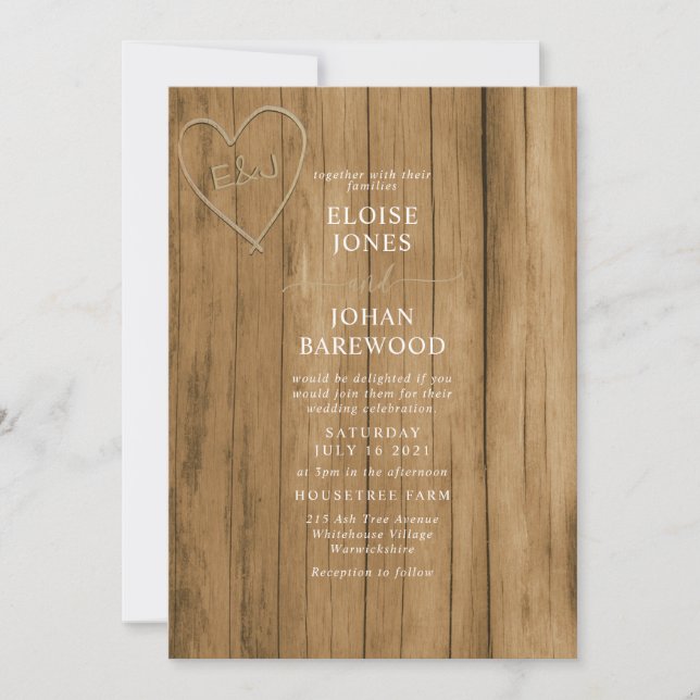 Wooden effect carved wedding invitation (Front)