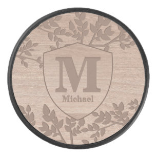 Wooden engraved leaves vintage name monogram hockey puck
