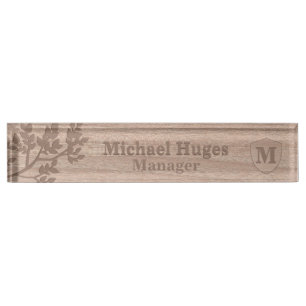 Wooden engraved leaves vintage name monogram   nameplate