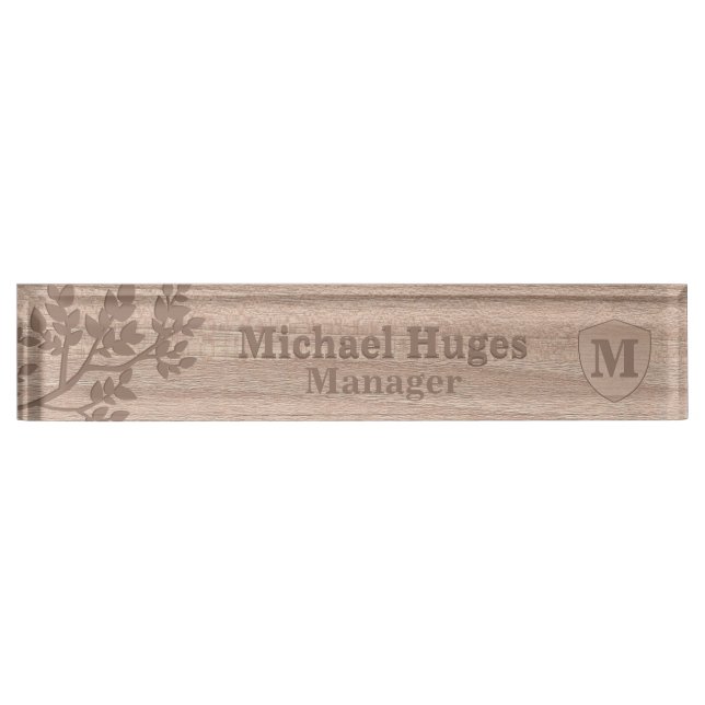 Wooden engraved leaves vintage name monogram   nameplate (Front)