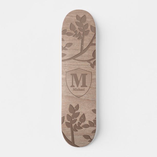 Wooden engraved leaves vintage name monogram  skateboard (Front)