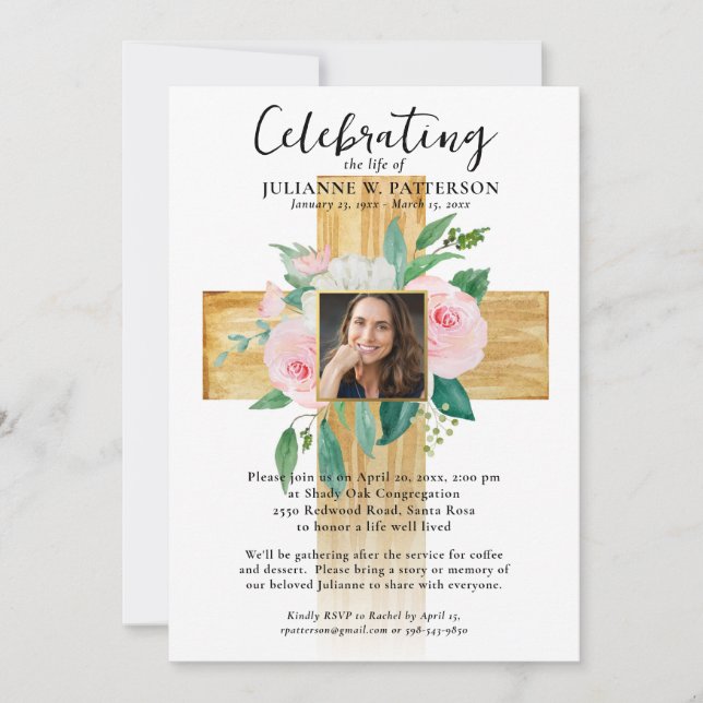 Wooden Floral Cross, Photos, Celebration of Life Invitation (Front)