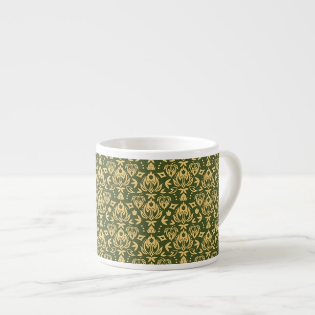 Wooden floral damask pattern background espresso cup (Front Right)