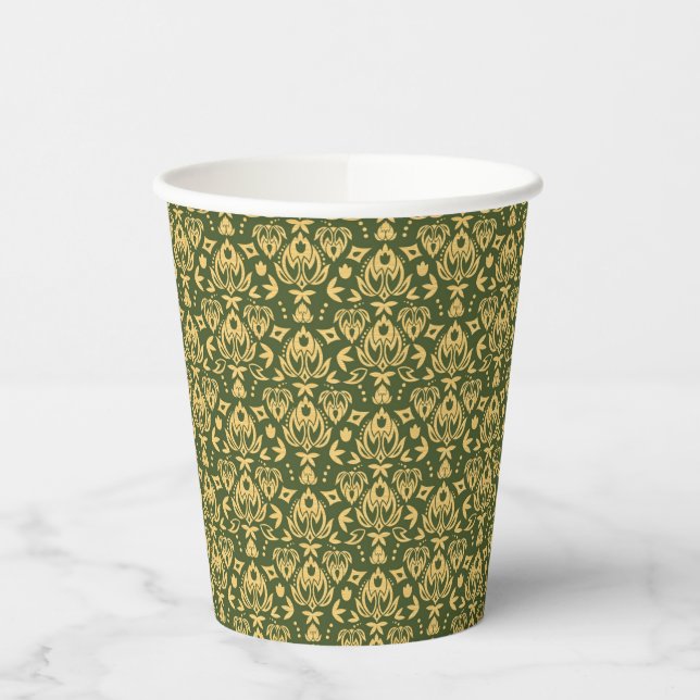 Wooden floral damask pattern background paper cups (Left)