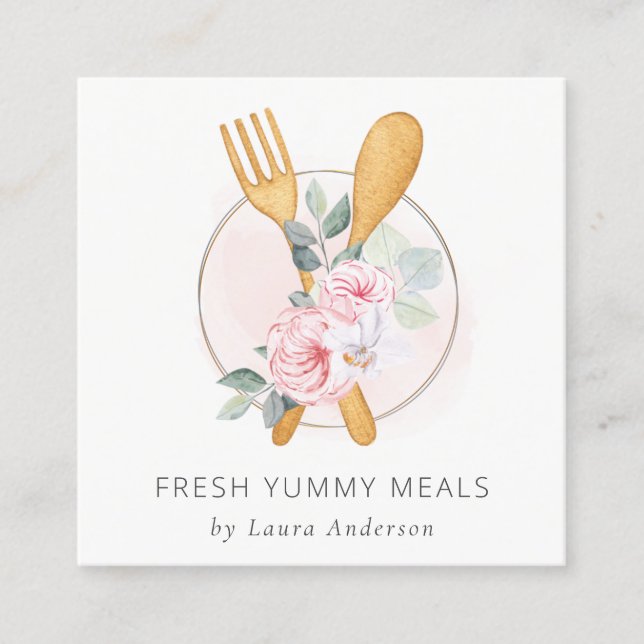 Wooden Fork Spoon Blush Pink Floral Chef Logo  Square Business Card (Front)