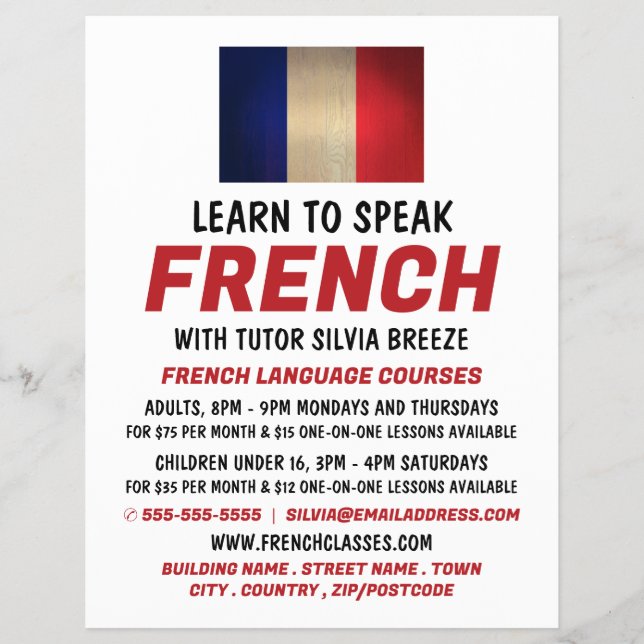 Wooden French Flag, French Language Course Advert Flyer (Front)