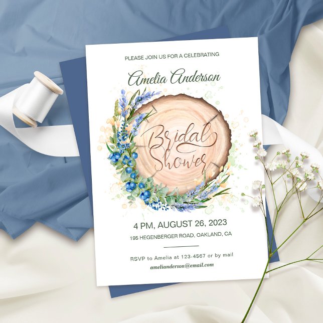 Wooden Grain Blueberry Lavender Bridal Shower Invitation (Creator Uploaded)
