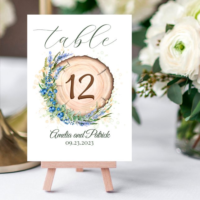 Wooden Grain Circle Blueberry Lavender Wedding Table Number (Creator Uploaded)
